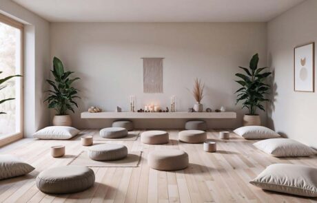 Kurs-Raum-in-Aschaffenburg-Mieten-1 Weiter, heller Mediationsraum mit Kissen und Pflanzen, Symbolbild für Kursraum in Aschaffenburg mieten