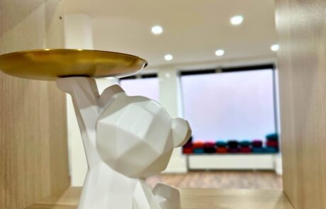 Raum in Aschaffenburg mieten – Teddy 2 Rückansicht eines Deko Teddys mit goldener Schale, angeschnitten, in der Ferne Meditationskissen auf einer Fensterbank